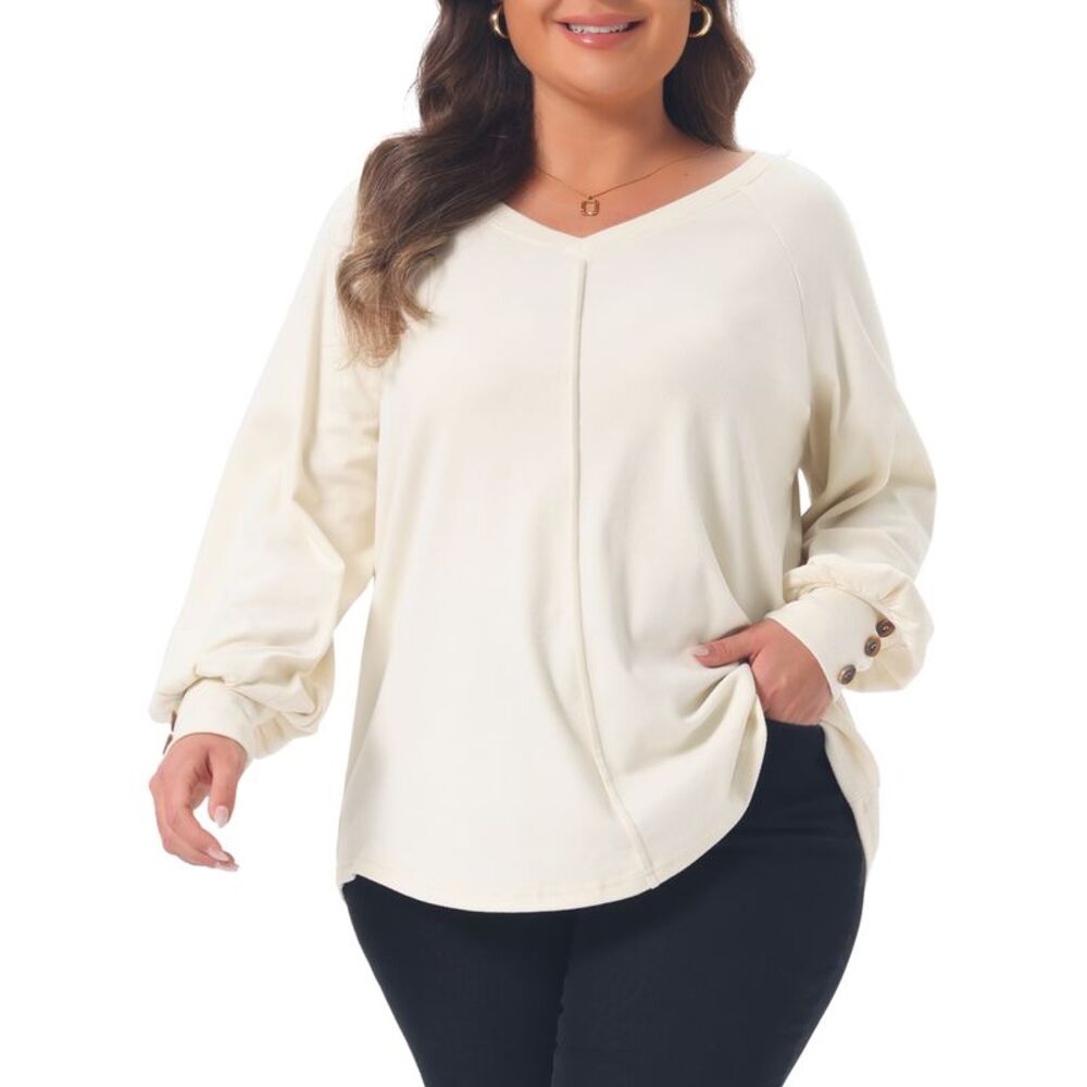 Women's Plus Size Pleated Long Sleeve Button Cuff Blouse Apricot
